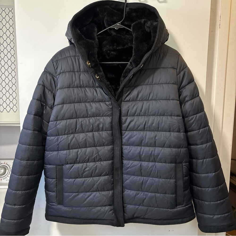 NWT Rebecca Minkoff Black Reversible Faux Fur Hooded Puffer Jacket Size M Medium - Picture 11 of 12